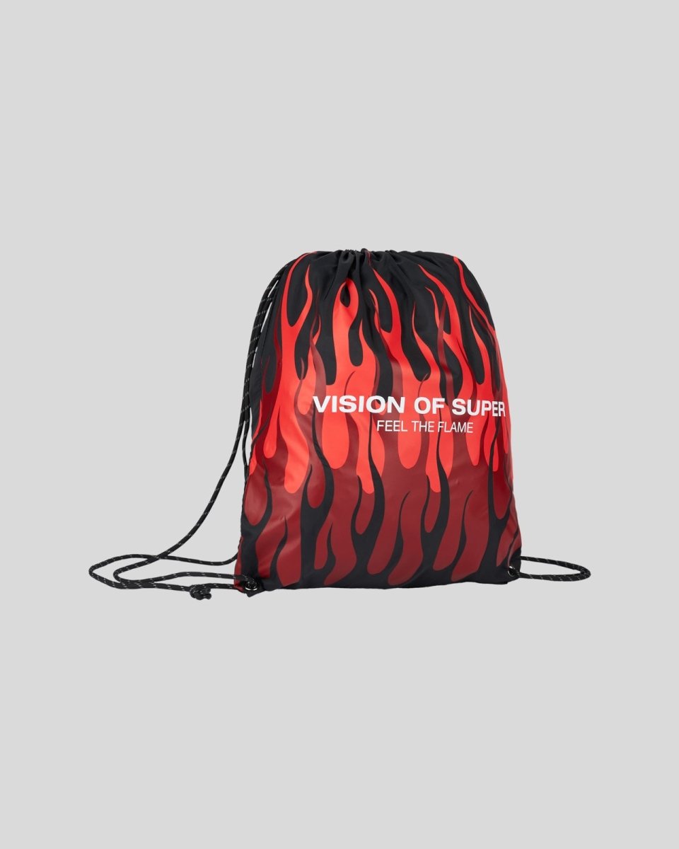 BLACK DRAWSTRING BACKPACK WITH TRIPLE FLAMES AND LOGO PRINT - Vision of Super