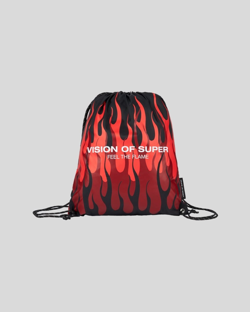 BLACK DRAWSTRING BACKPACK WITH TRIPLE FLAMES AND LOGO PRINT
