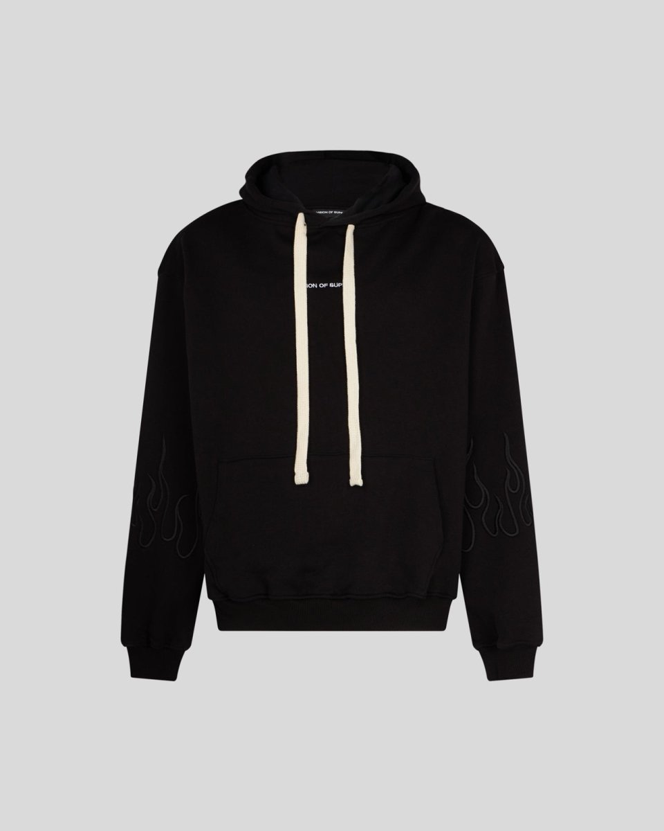 BLACK HOODIE WITH BLACK EMBROIDERED FLAMES - Vision of Super