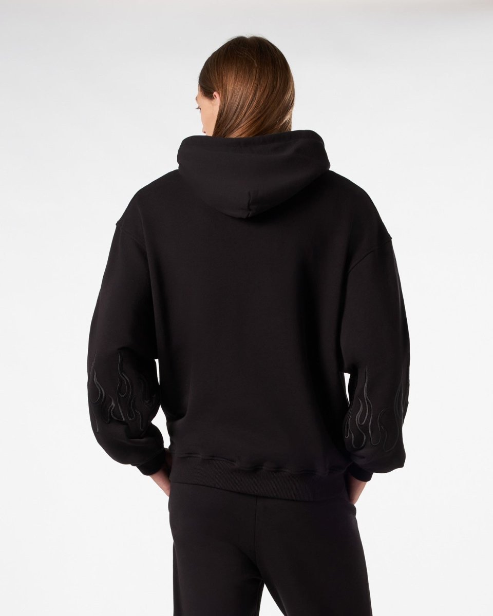 BLACK HOODIE WITH BLACK EMBROIDERED FLAMES