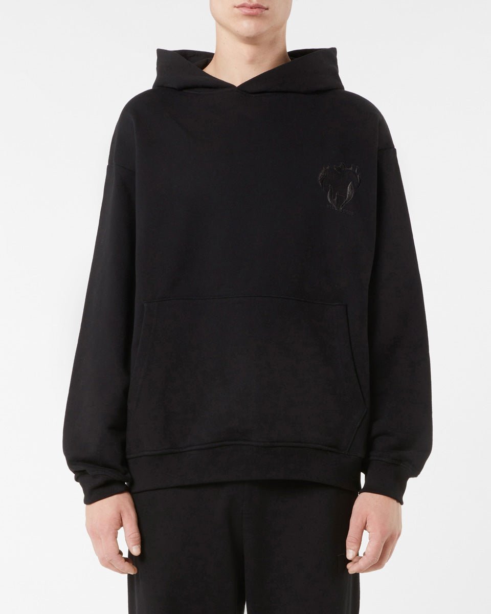 BLACK HOODIE WITH EMBROIDERED FLAMING HEART
