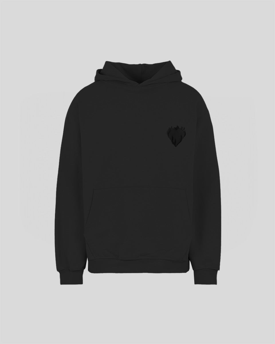 BLACK HOODIE WITH EMBROIDERED FLAMING HEART