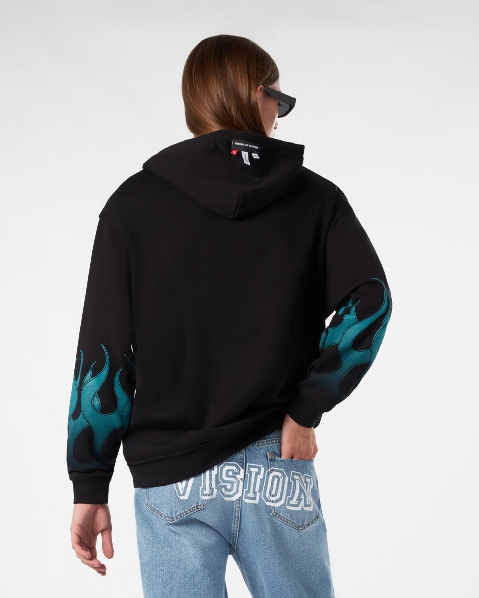 BLACK HOODIE WITH GREEN GRADIENT FLAMES - Vision of Super