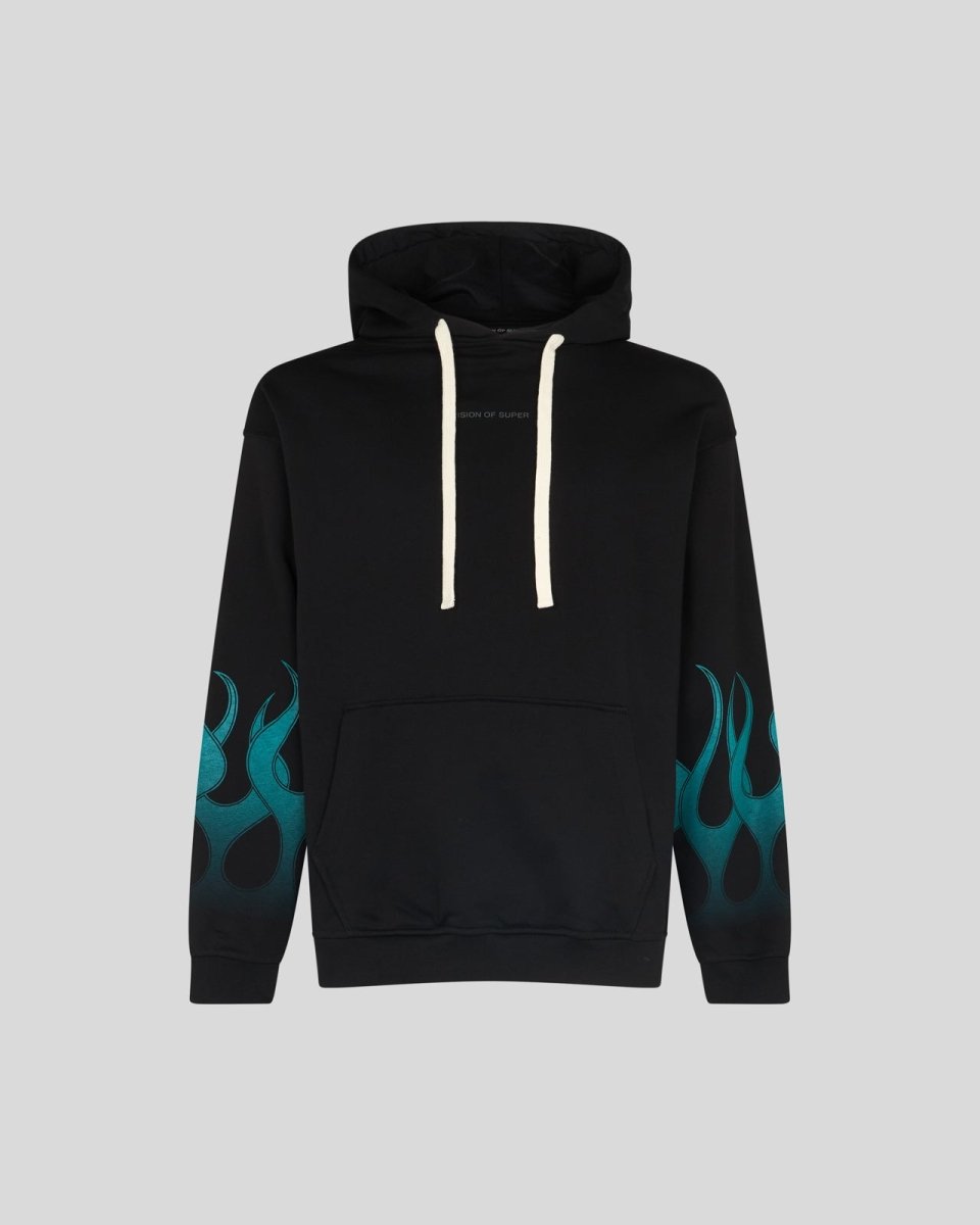 BLACK HOODIE WITH GREEN GRADIENT FLAMES - Vision of Super