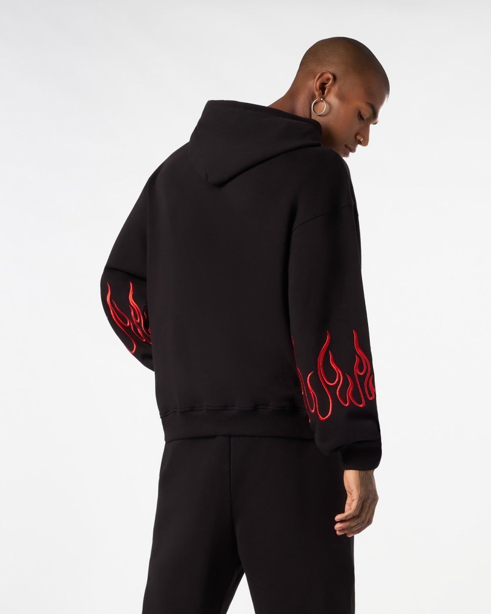 BLACK HOODIE WITH RED EMBROIDERED FLAMES - Vision of Super