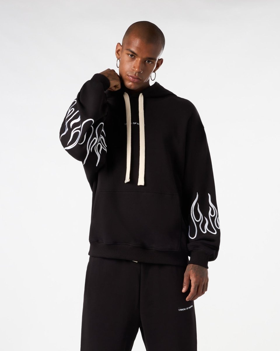 BLACK HOODIE WITH WHITE EMBROIDERED FLAMES - Vision of Super