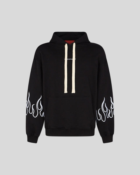 BLACK HOODIE WHITE EMBROIDERED FLAMES | Vision of Super SS24