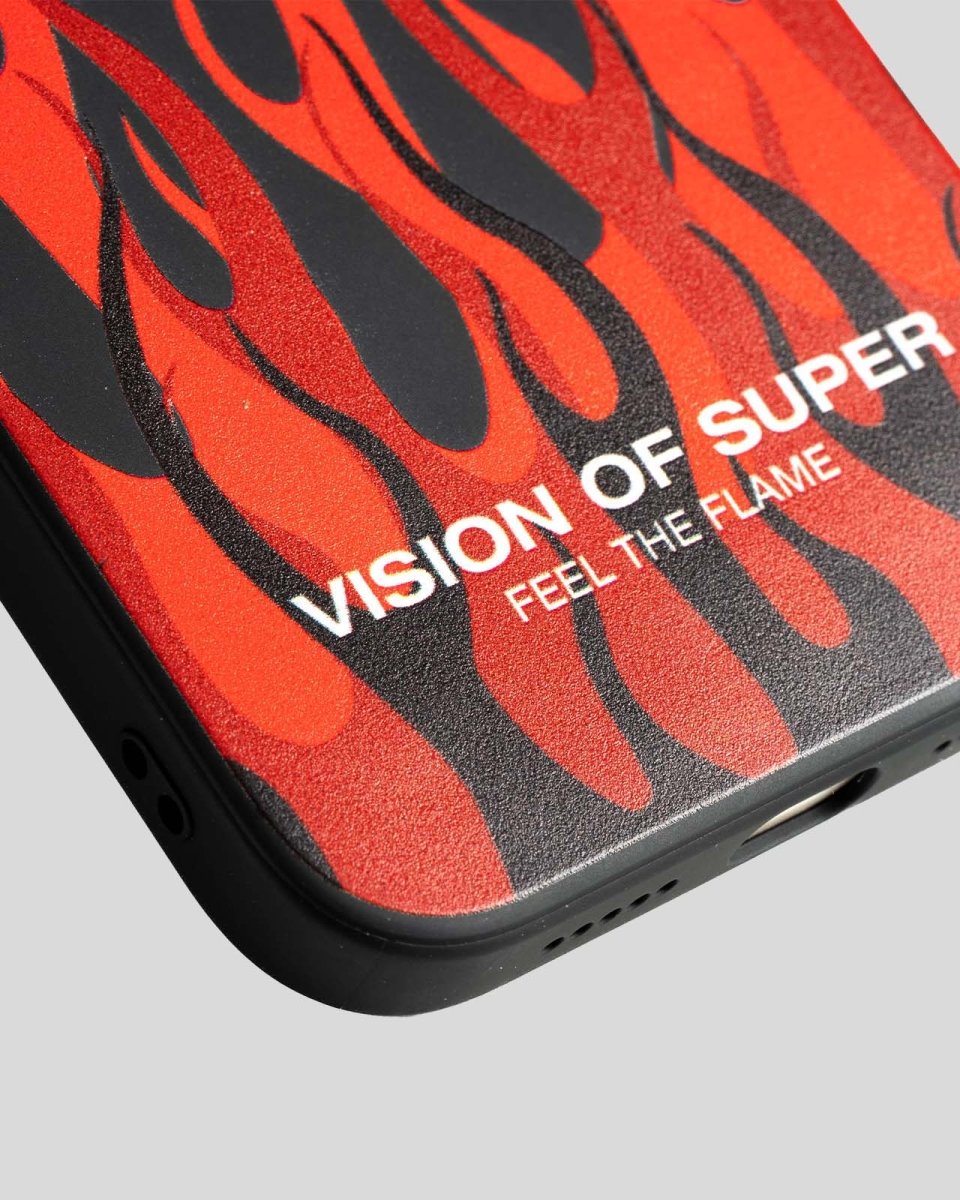 BLACK iPHONE 14 PRO COVER WITH RED FLAMES AND WHITE LOGO