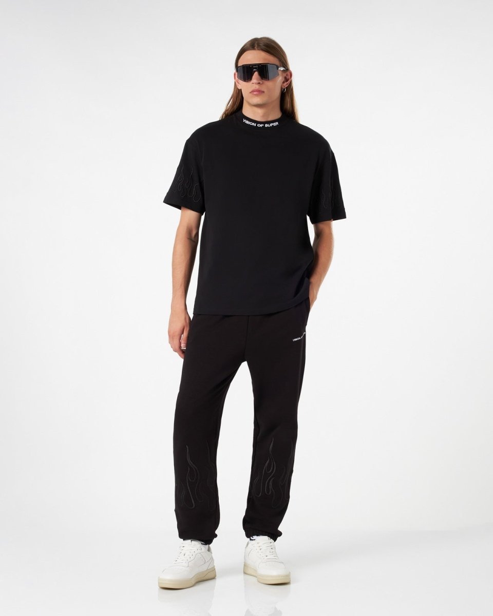 BLACK PANTS WITH BLACK EMBROIDERED FLAMES - Vision of Super