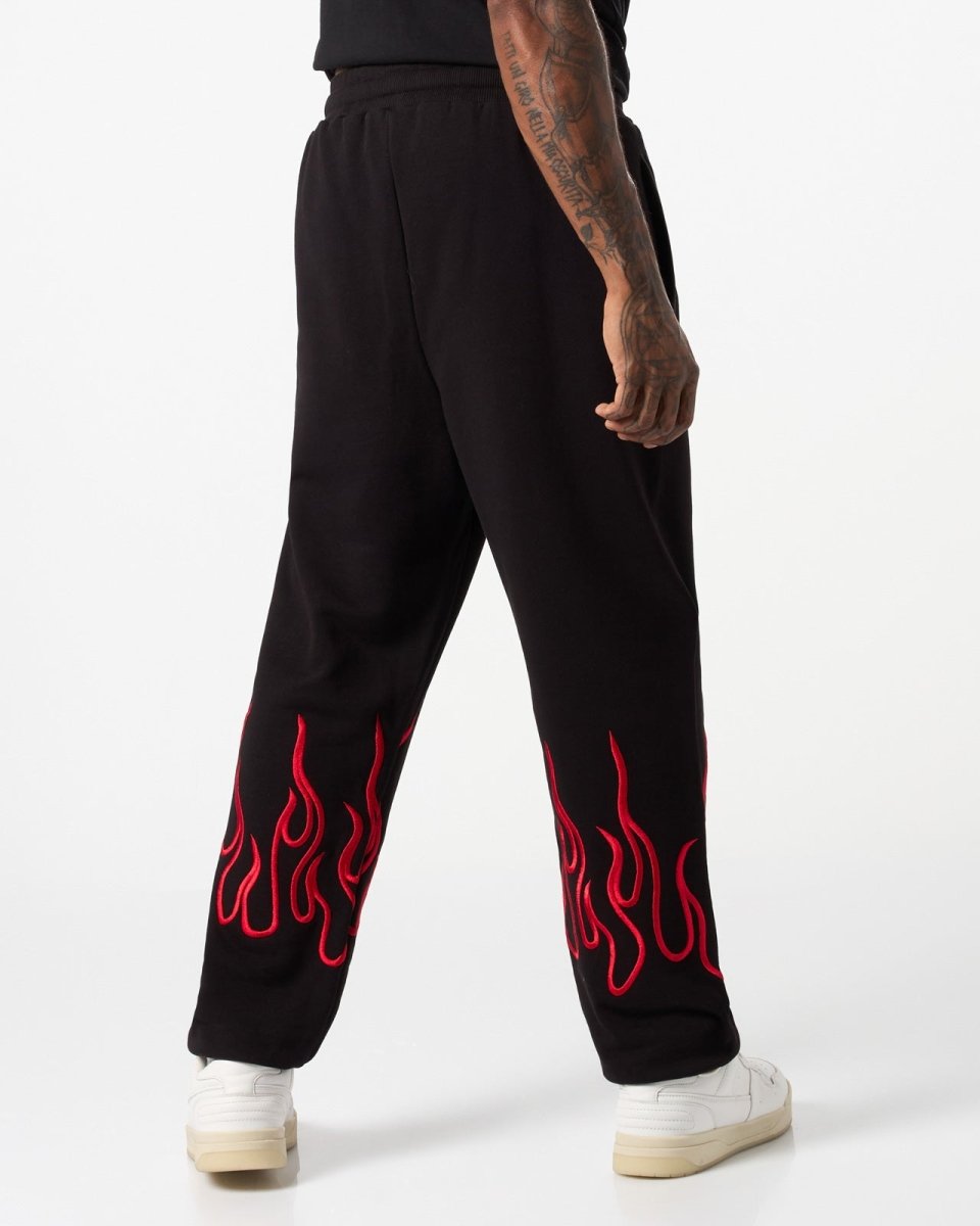BLACK PANTS WITH RED EMBROIDERED FLAMES