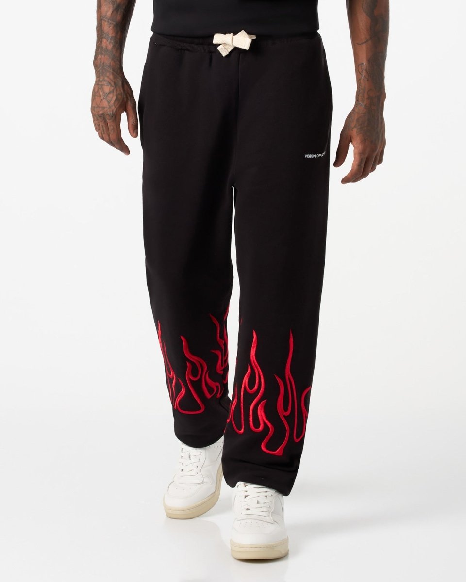 BLACK PANTS WITH RED EMBROIDERED FLAMES - Vision of Super