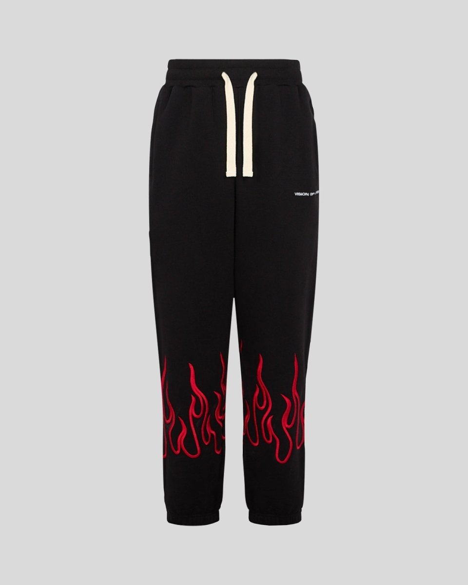 BLACK PANTS WITH RED EMBROIDERED FLAMES