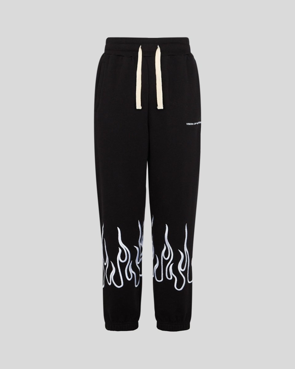 BLACK PANTS WITH WHITE EMBROIDERED FLAMES - Vision of Super