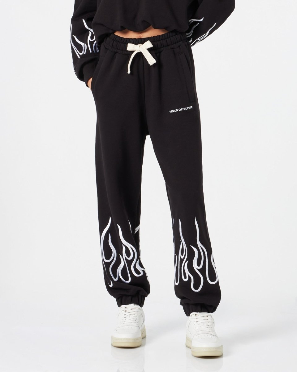 BLACK PANTS WITH WHITE EMBROIDERED FLAMES - Vision of Super