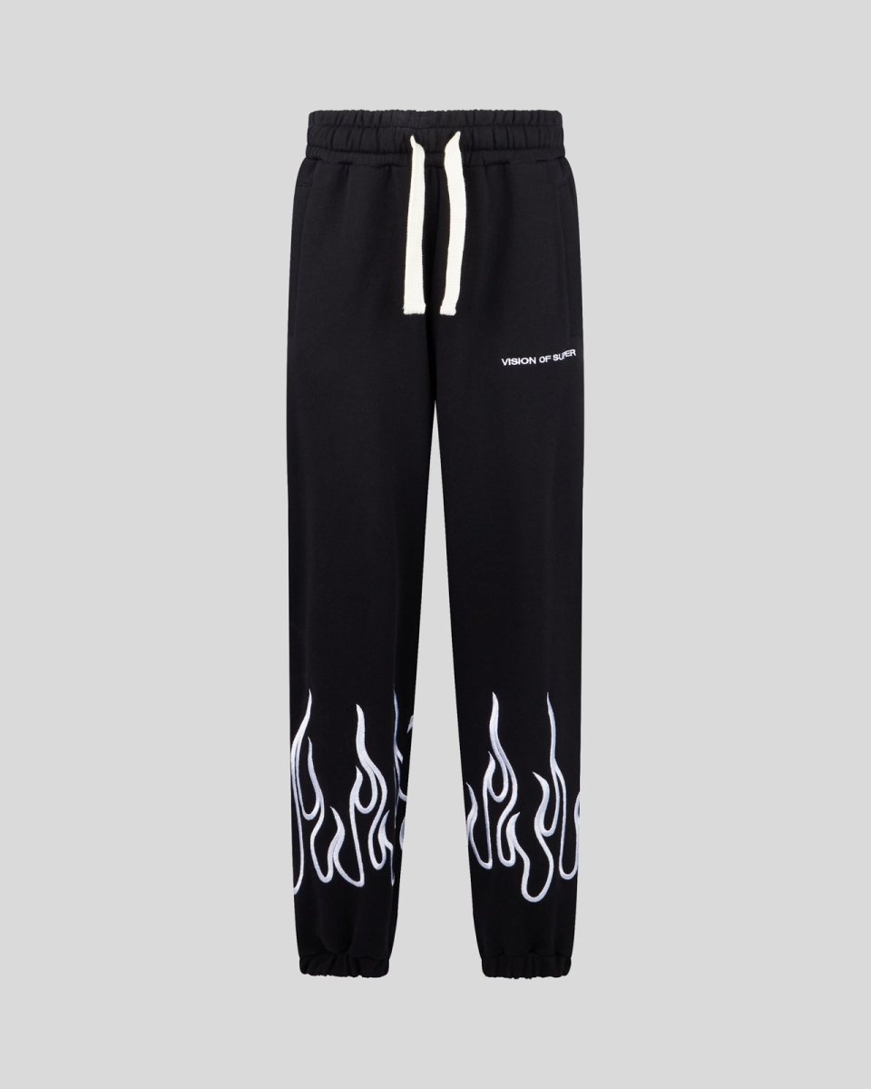 BLACK PANTS WITH WHITE EMBROIDERED FLAMES - Vision of Super