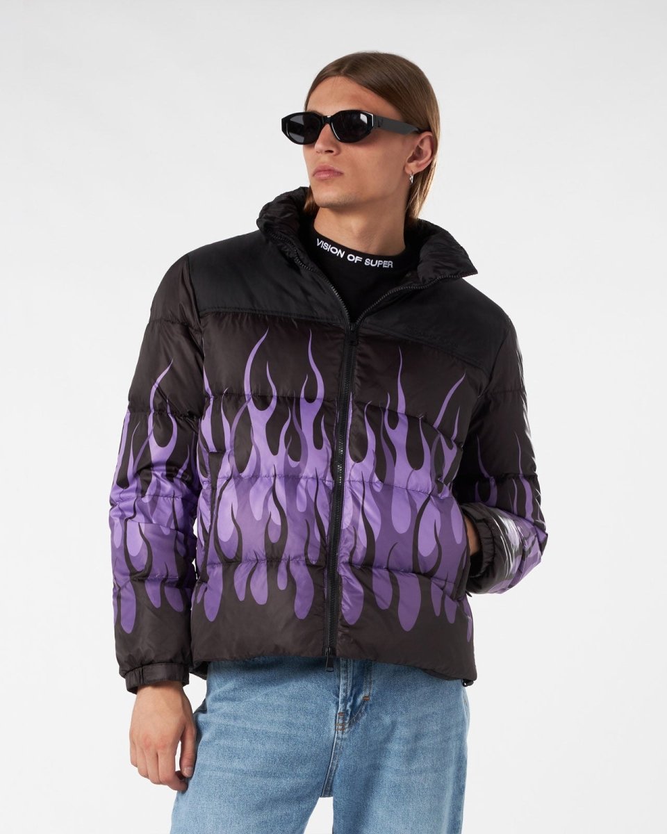 BLACK PUFFER JACKET WITH PURPLE TRIPLE FLAMES - Vision of Super