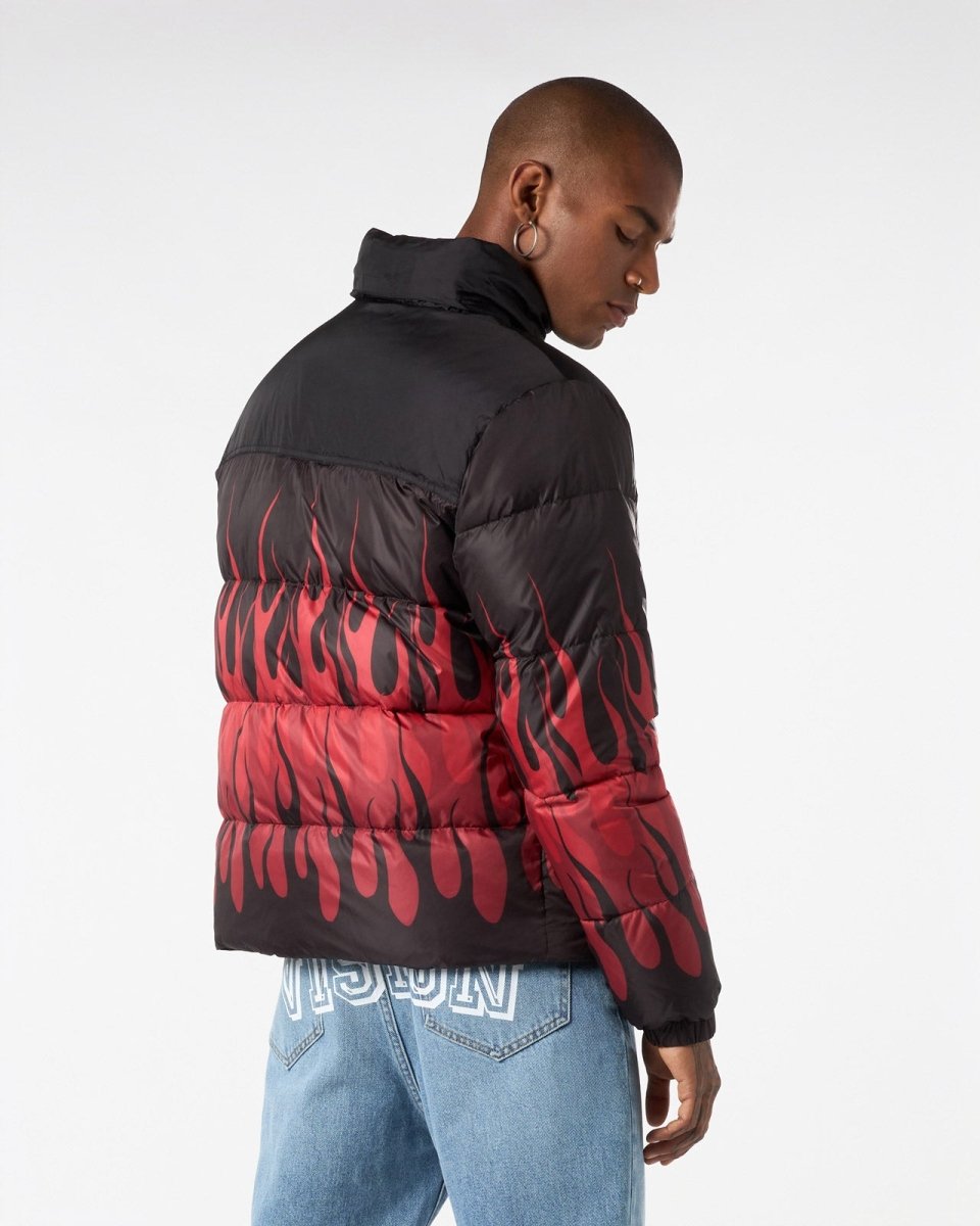 BLACK DOUBLE FACE PUFFER JACKET WITH RED TRIPLE FLAMES