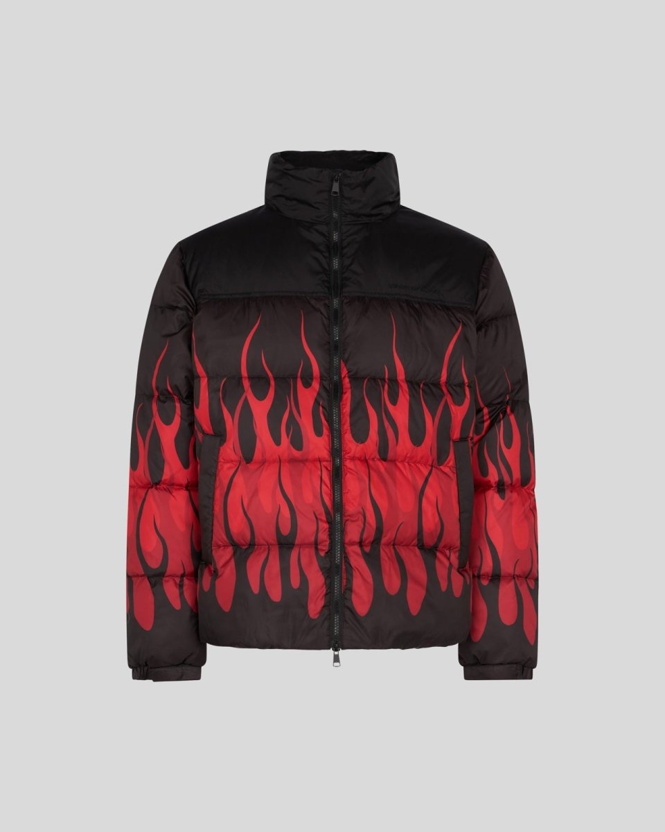 BLACK PUFFER JACKET WITH RED TRIPLE FLAMES