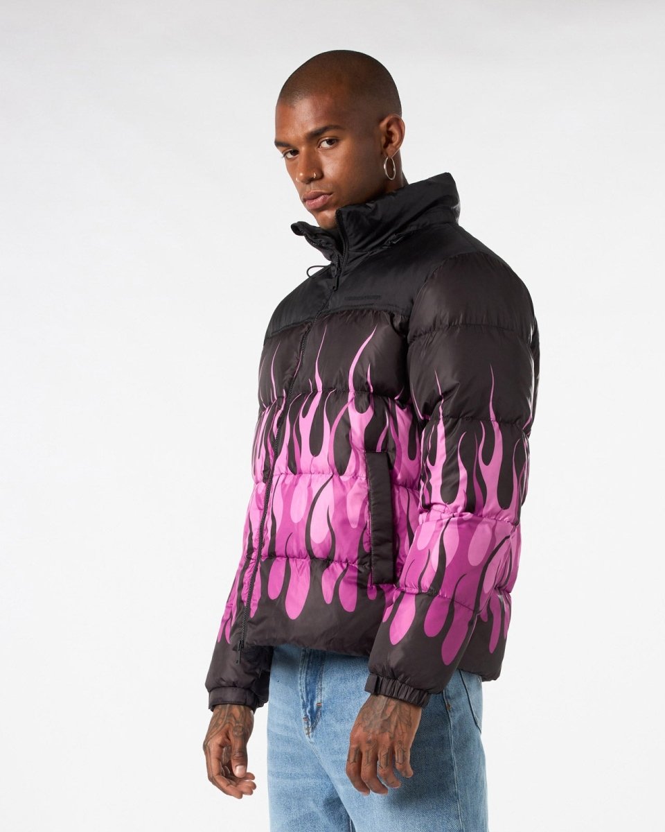 BLACK DOUBLE FACE PUFFER JACKET WITH PINK TRIPLE FLAMES