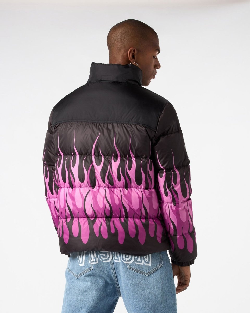BLACK DOUBLE FACE PUFFER JACKET WITH PINK TRIPLE FLAMES