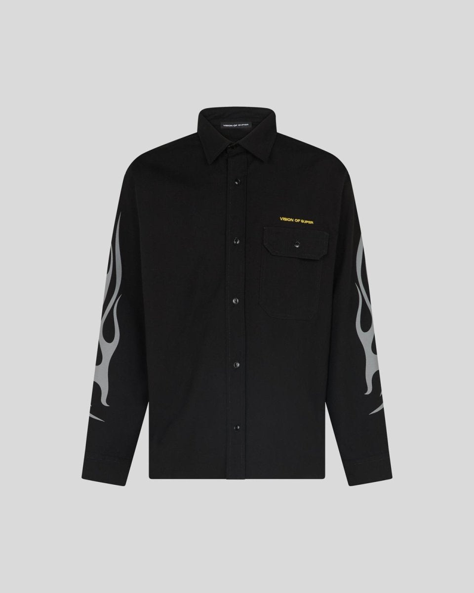 BLACK WORKER SHIRT WITH TRIBAL FLAMES