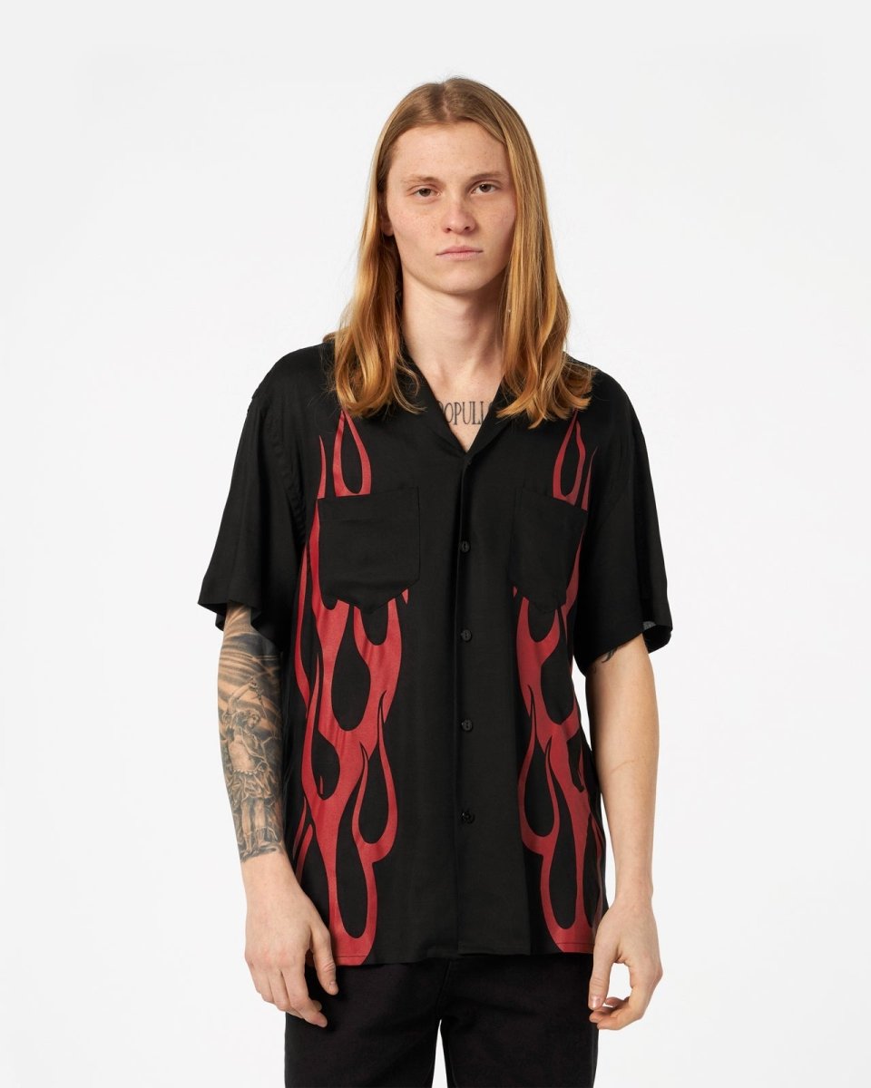 BLACK T-SHIRT WITH RED TRIBAL FLAMES