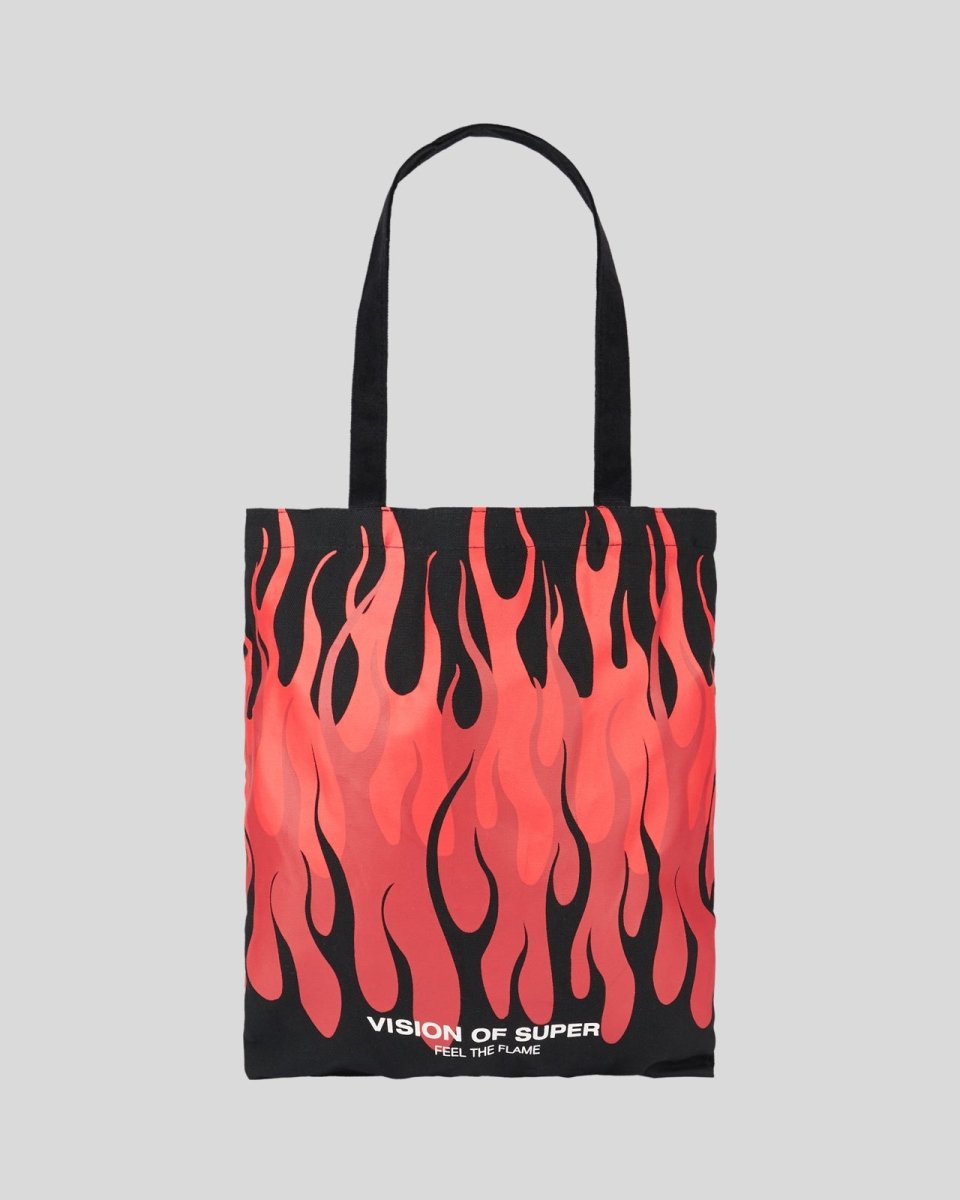 BLACK SHOPPER BAG WITH TRIPLE FLAMES AND LOGO PRINT - Vision of Super