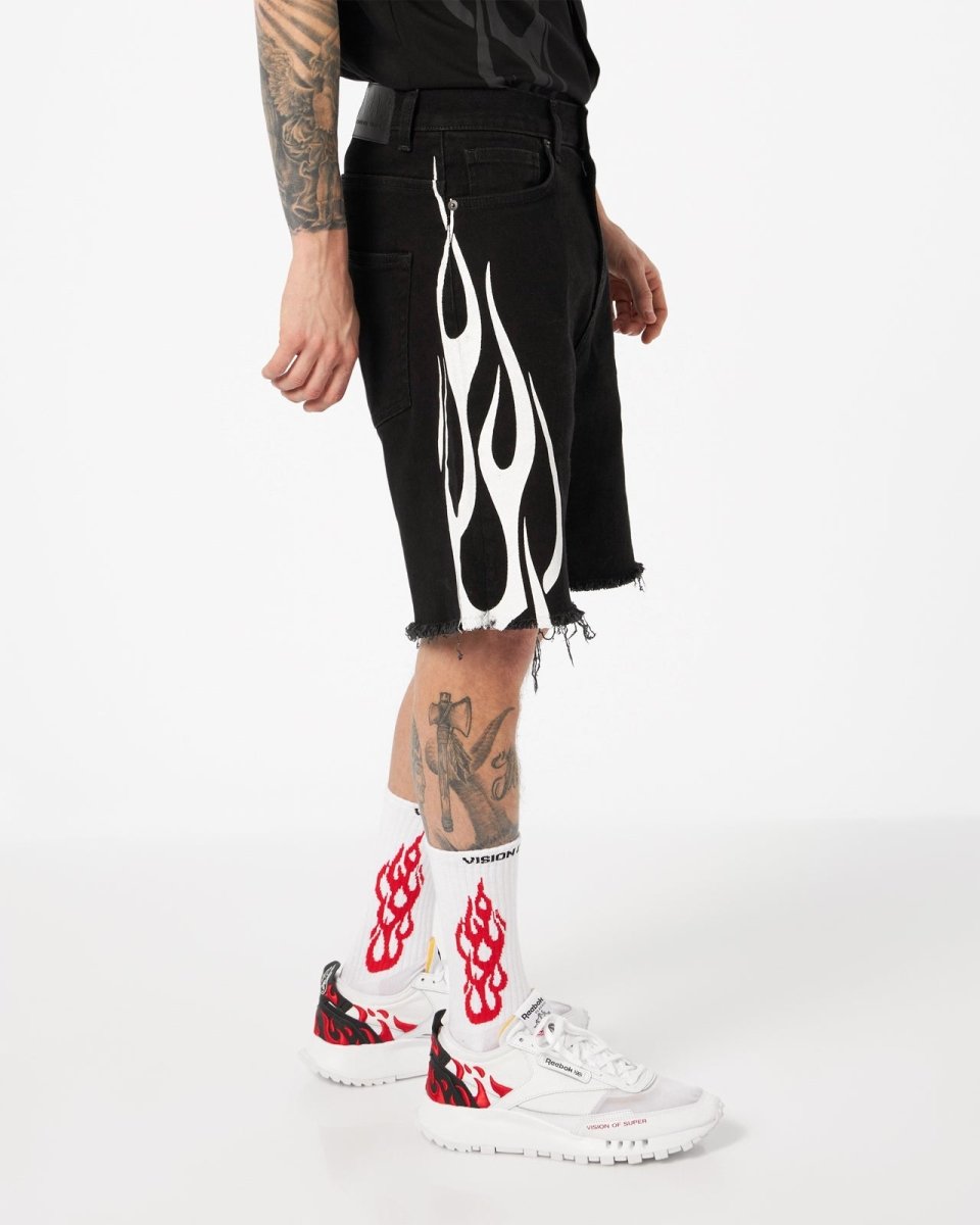 Black Shorts Denim with White Tribal Flames - Vision of Super