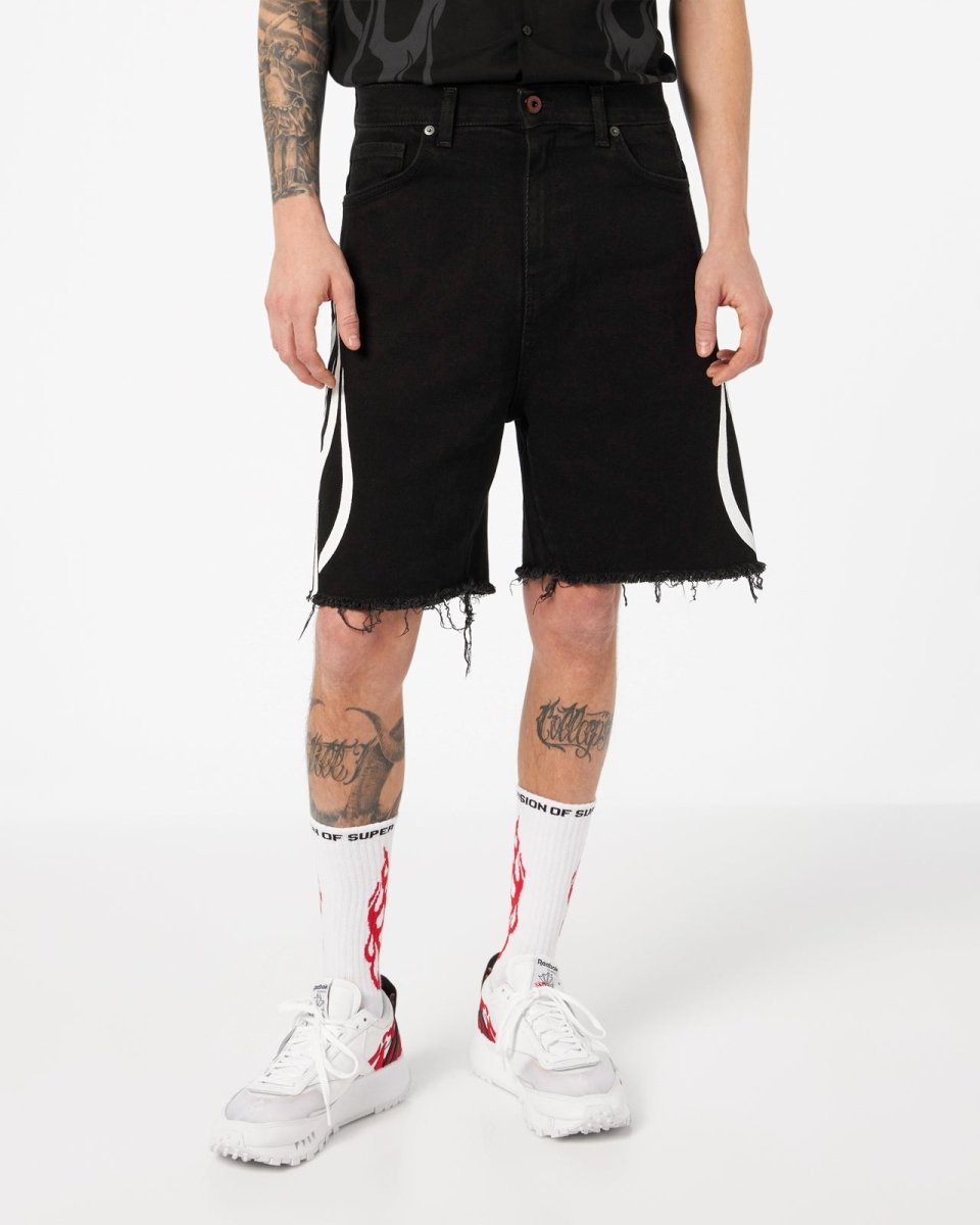 Black Shorts Denim with White Tribal Flames - Vision of Super