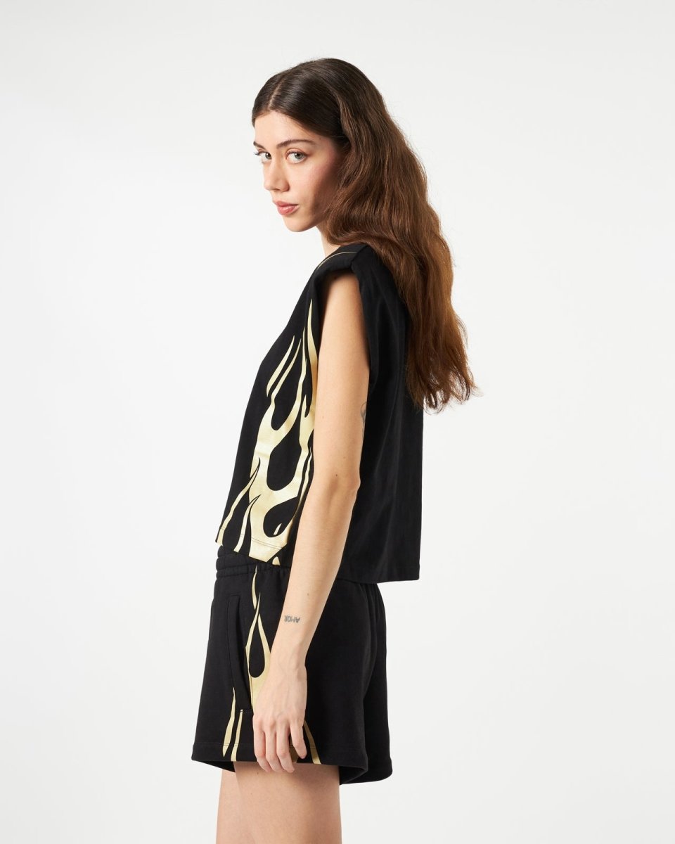 BLACK SLEEVELESS T-SHIRT WITH TRIBAL FLAMES