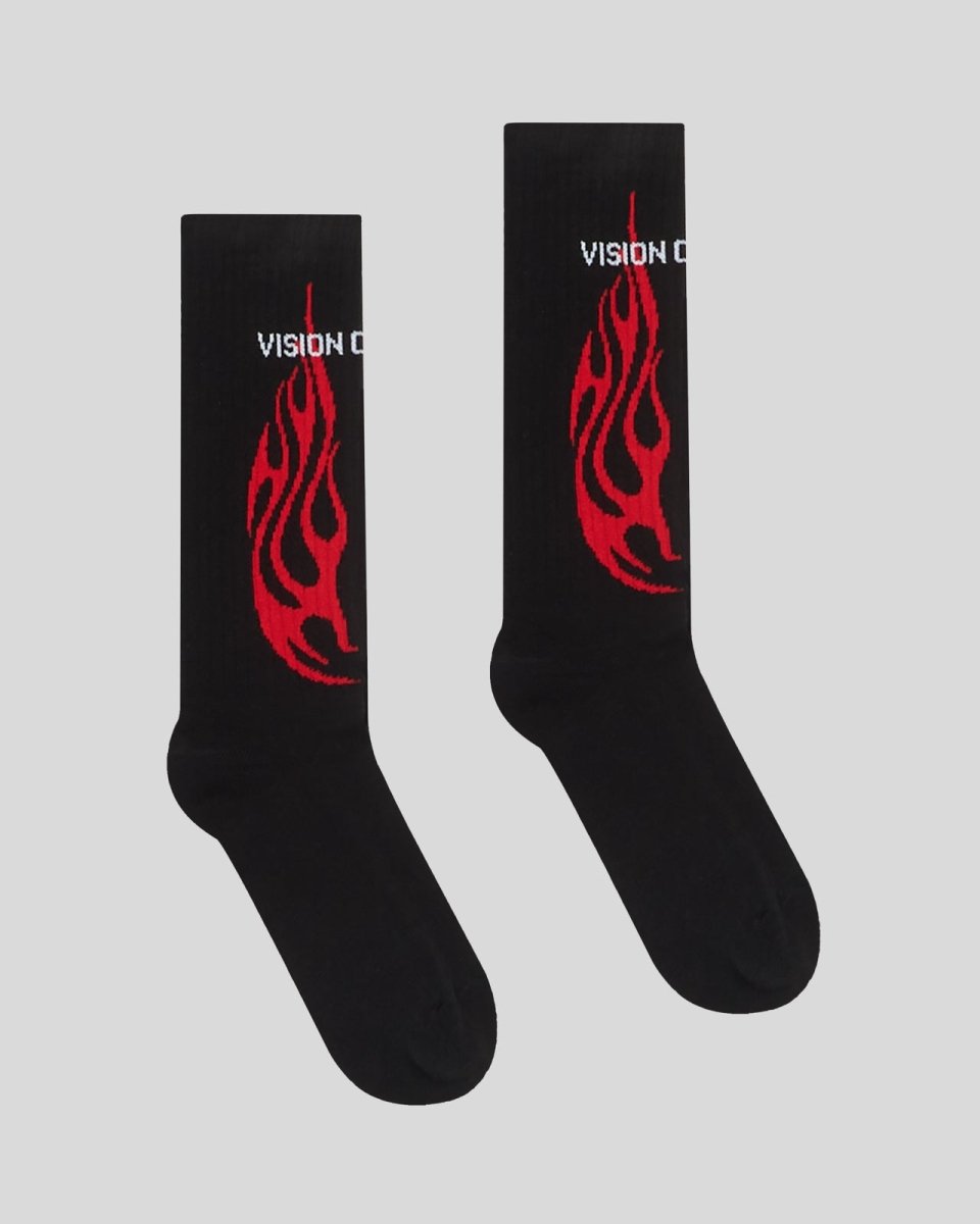 BLACK SOCKS WITH RED TRIBAL FLAMES
