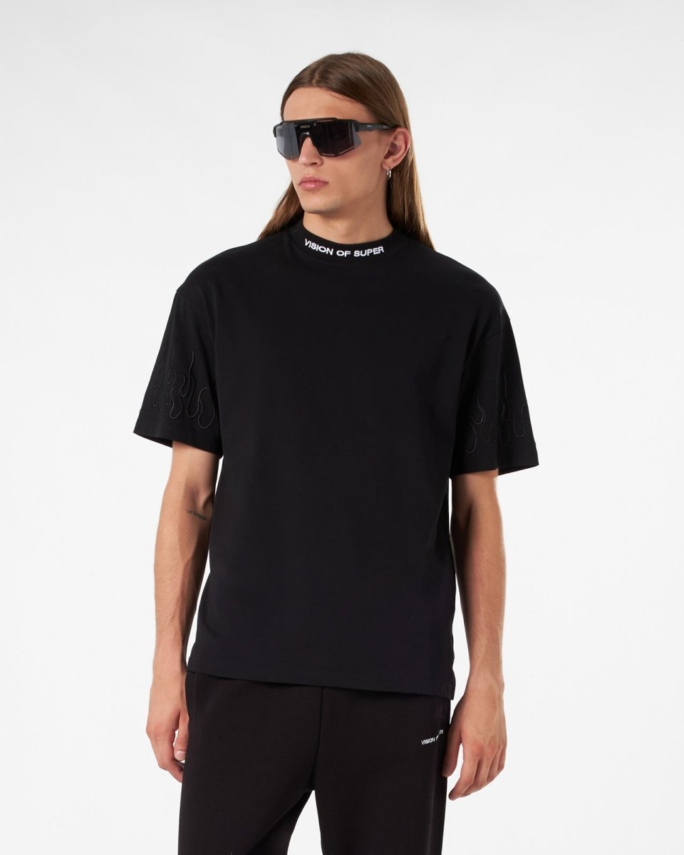 BLACK T-SHIRT WITH BLACK EMBROIDERED FLAMES - Vision of Super