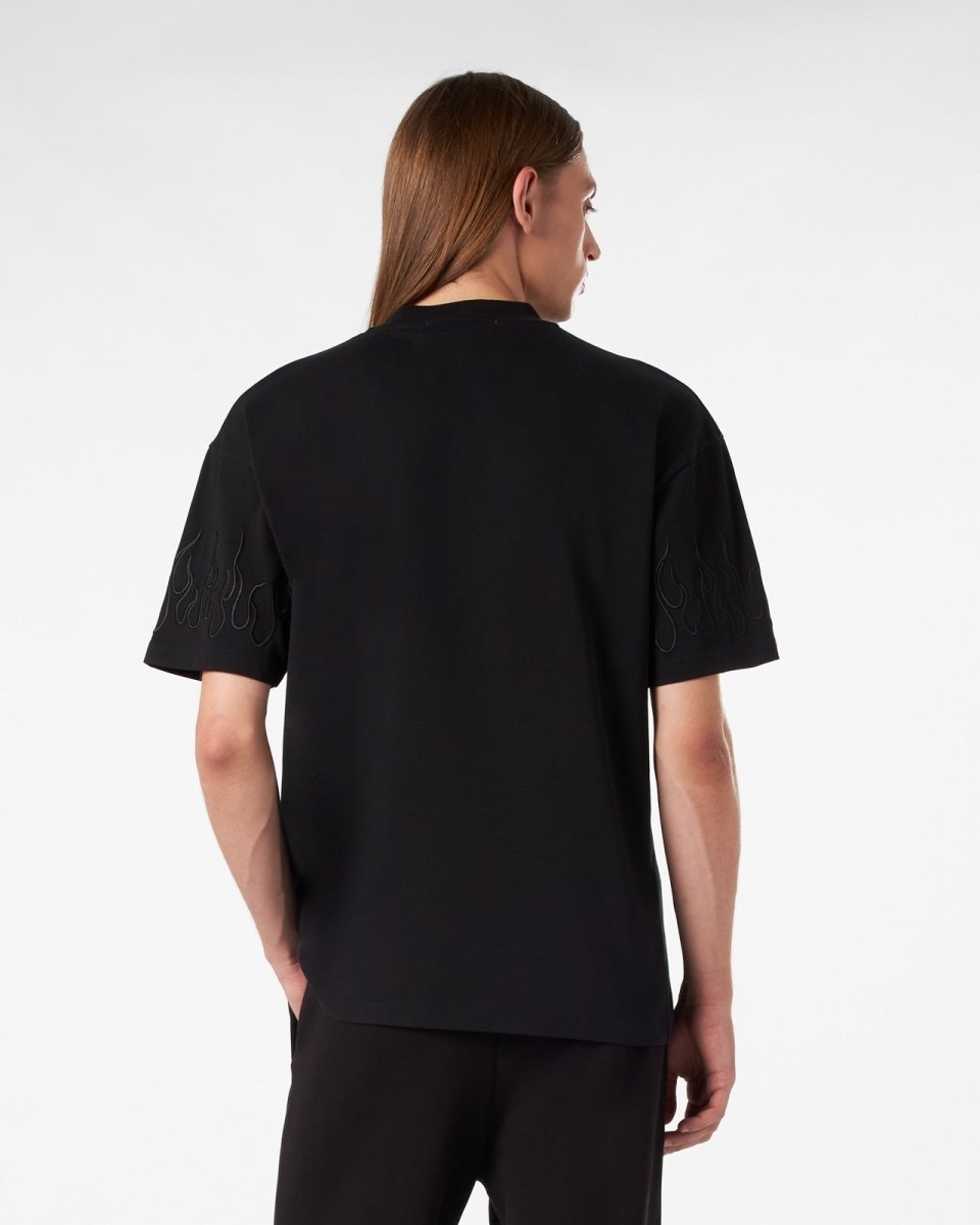 BLACK T-SHIRT WITH BLACK EMBROIDERED FLAMES
