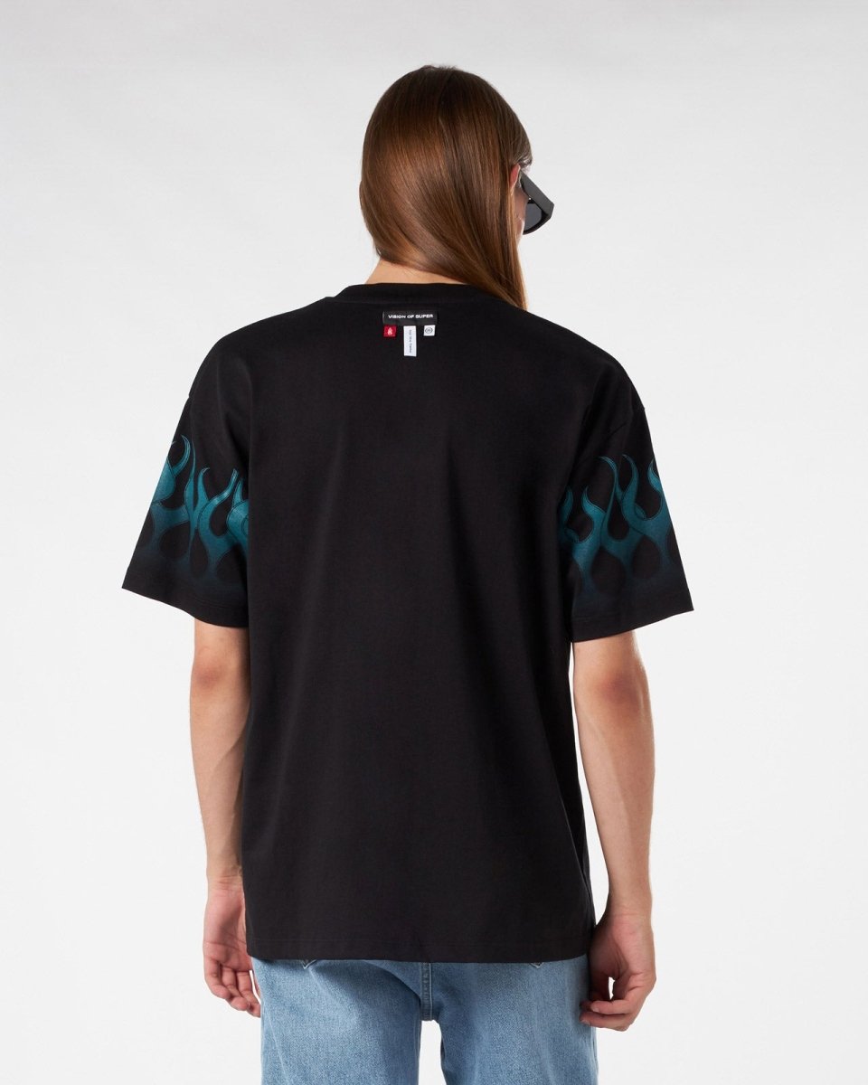 BLACK T-SHIRT WITH LIGHT BLUE GRADIENT FLAMES - Vision of Super