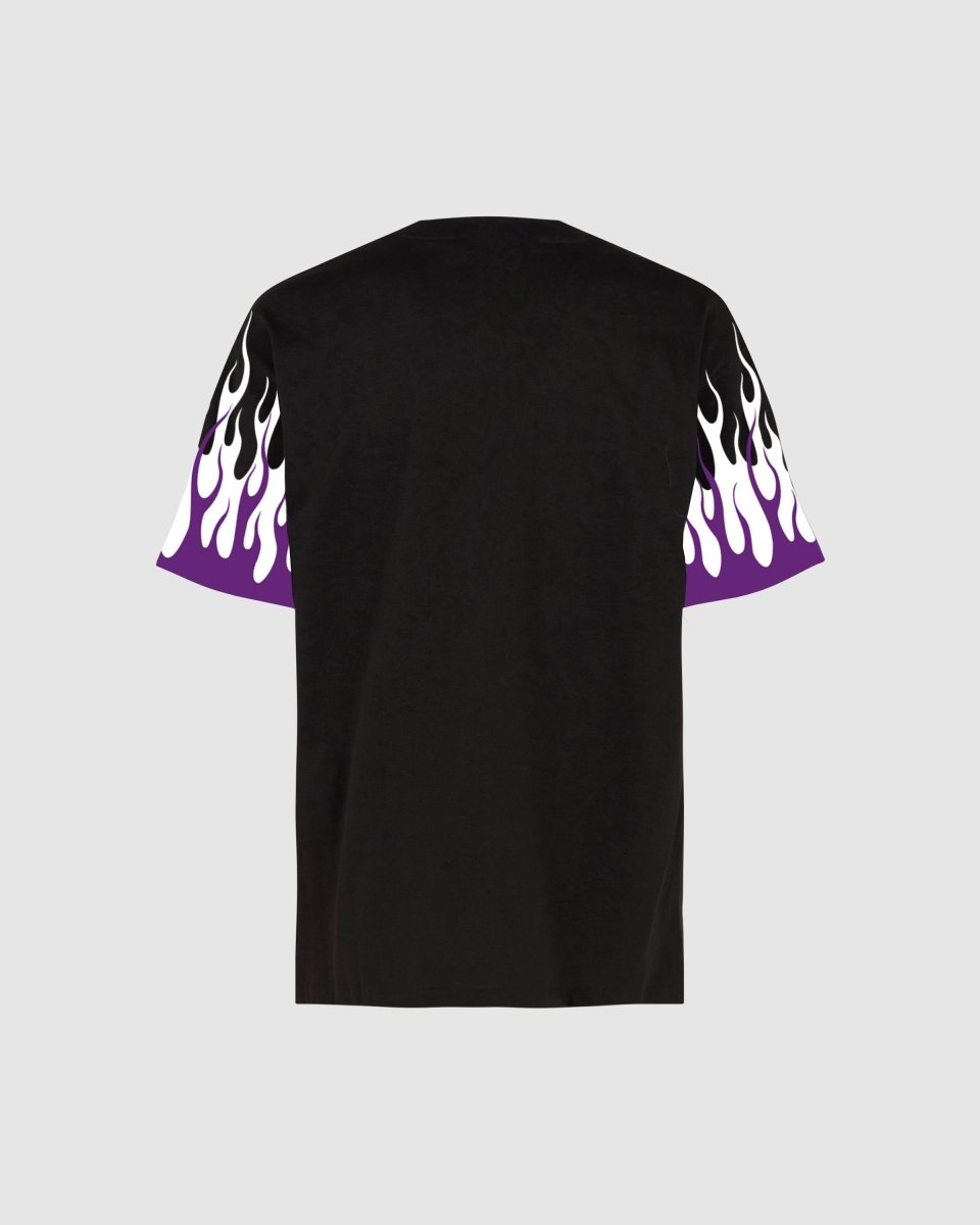 BLACK T-SHIRT WITH PRINTED PURPLE AND WHITE FLAMES