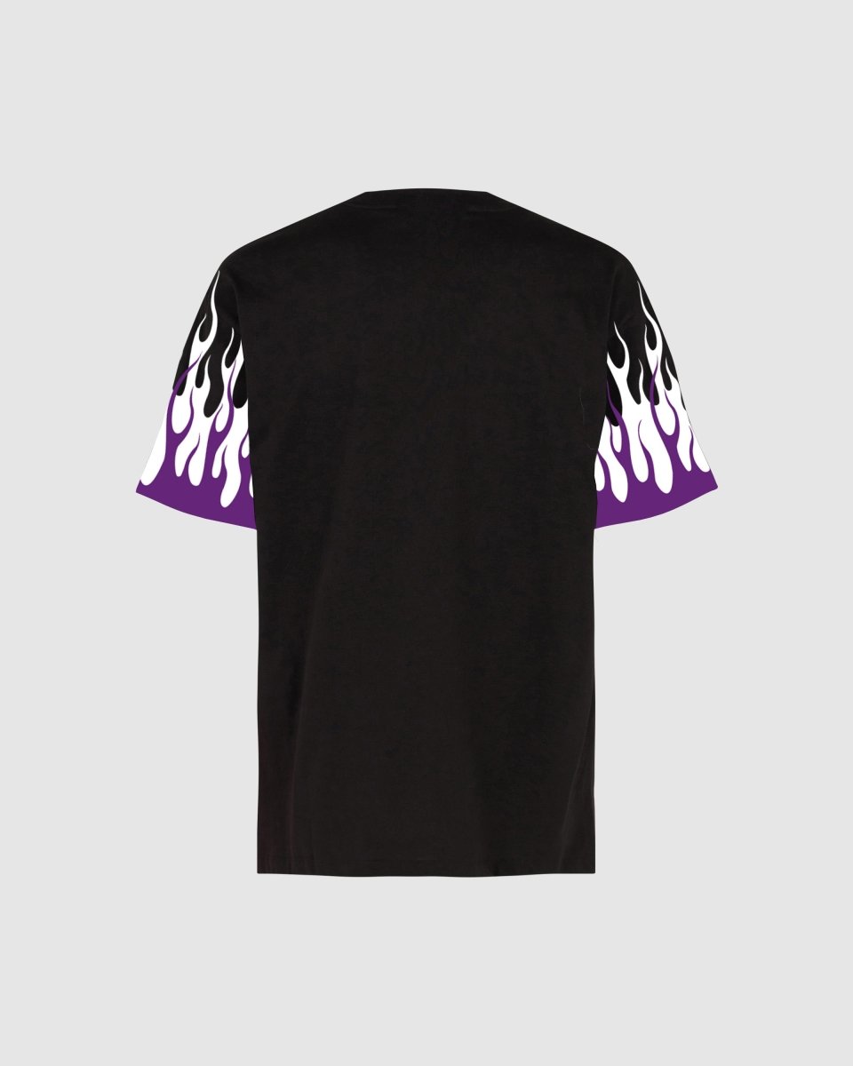 BLACK T-SHIRT WITH PRINTED PURPLE AND WHITE FLAMES - Vision of Super