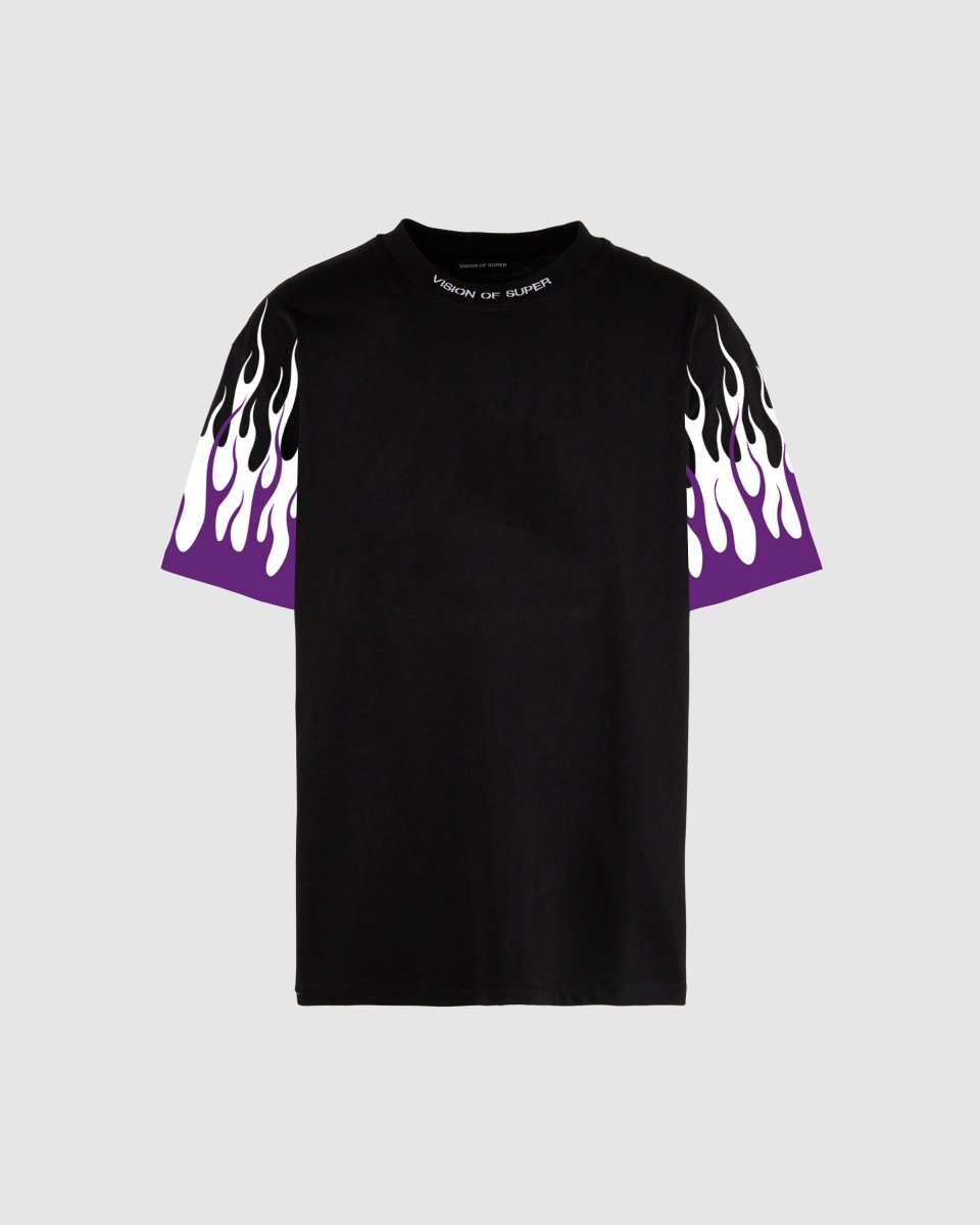 BLACK T-SHIRT WITH PRINTED PURPLE AND WHITE FLAMES - Vision of Super