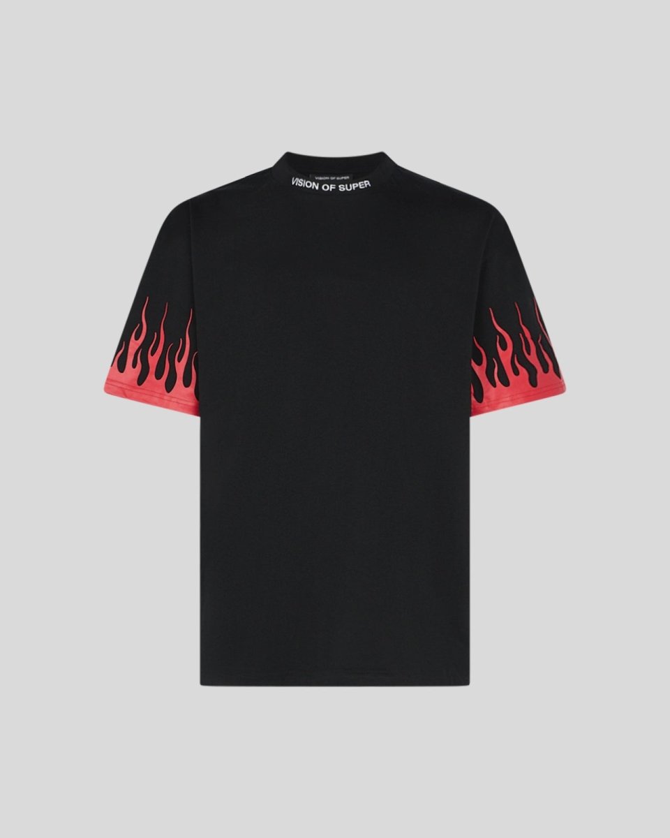 BLACK T-SHIRT WITH PRINTED RED FLAMES