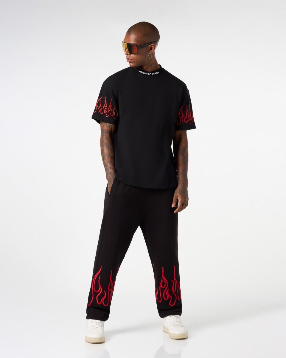 BLACK T-SHIRT WITH RED EMBROIDERED FLAMES - Vision of Super