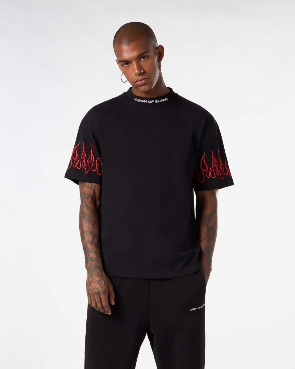 BLACK T-SHIRT WITH RED EMBROIDERED FLAMES - Vision of Super