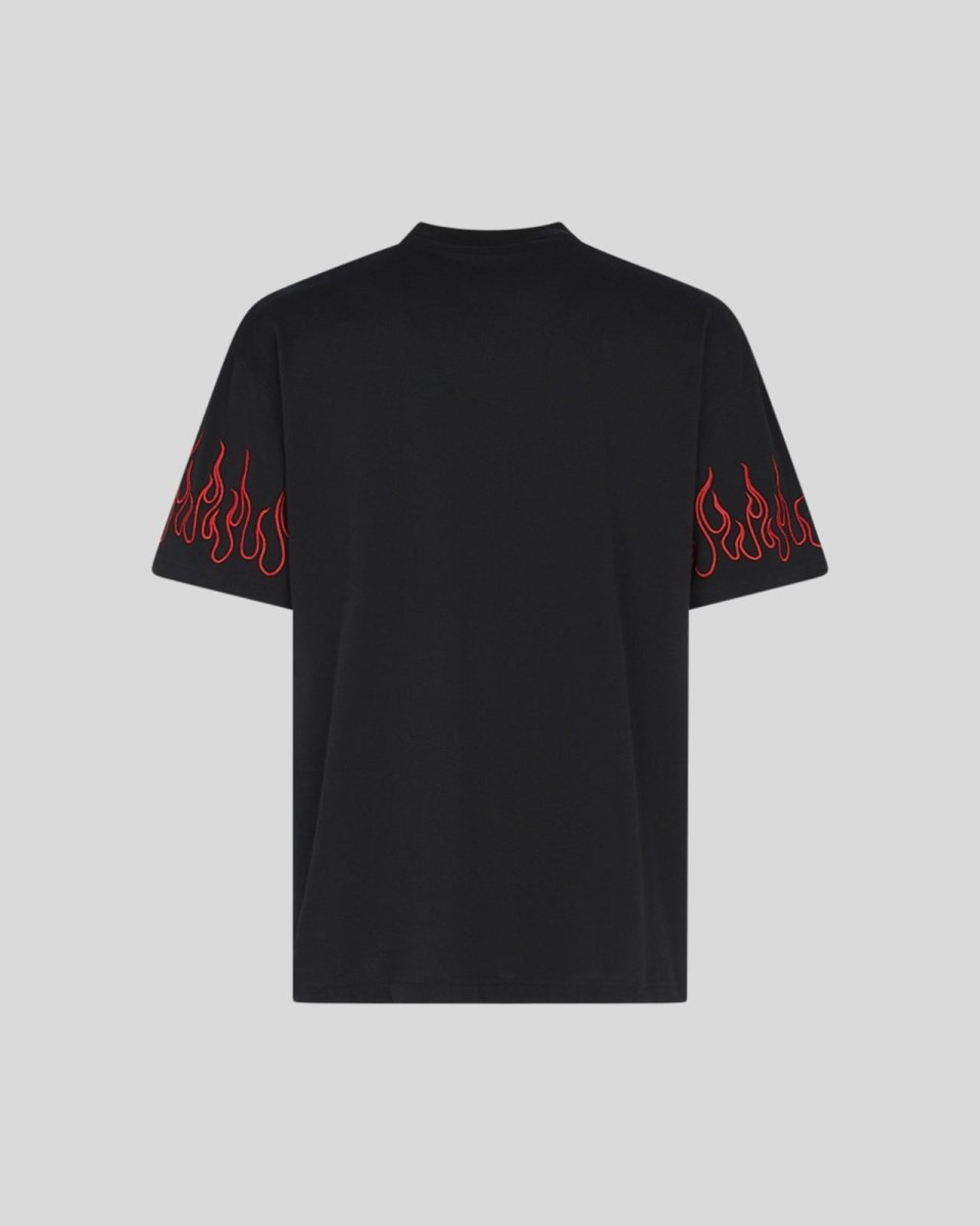 BLACK T-SHIRT WITH RED EMBROIDERED FLAMES