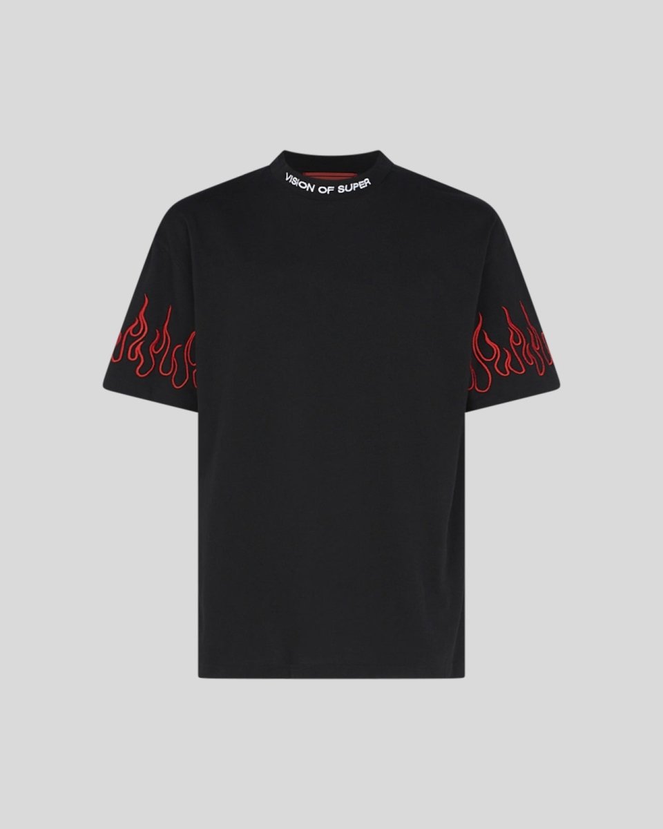 BLACK T-SHIRT WITH RED EMBROIDERED FLAMES - Vision of Super