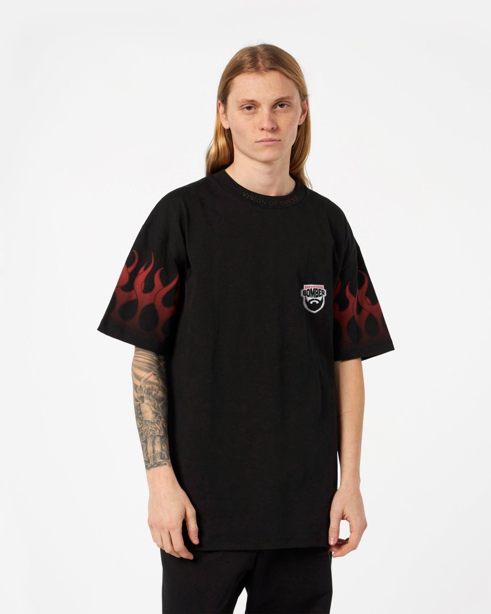 BLACK T-SHIRT WITH RED TRIBAL FLAMES AND CHIAMARSI BOMBER LOGO – Vision ...