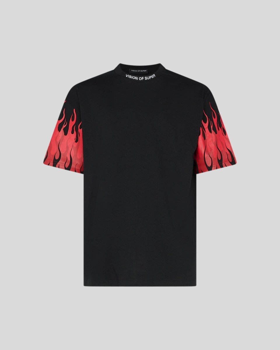 BLACK T-SHIRT WITH REVERSED RED FLAMES ON SLEEVES