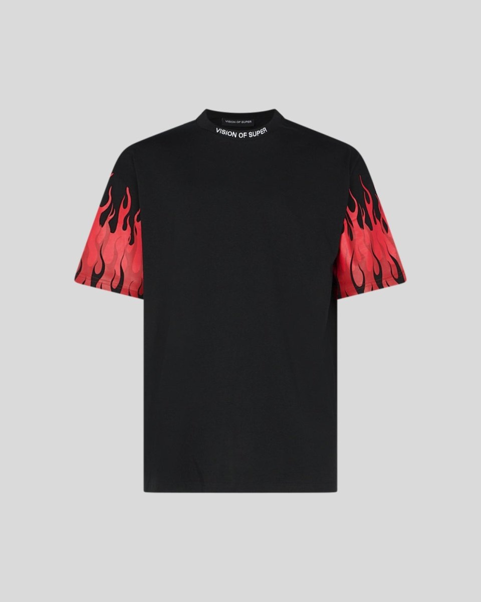 BLACK T-SHIRT WITH REVERSED RED FLAMES ON SLEEVES - Vision of Super