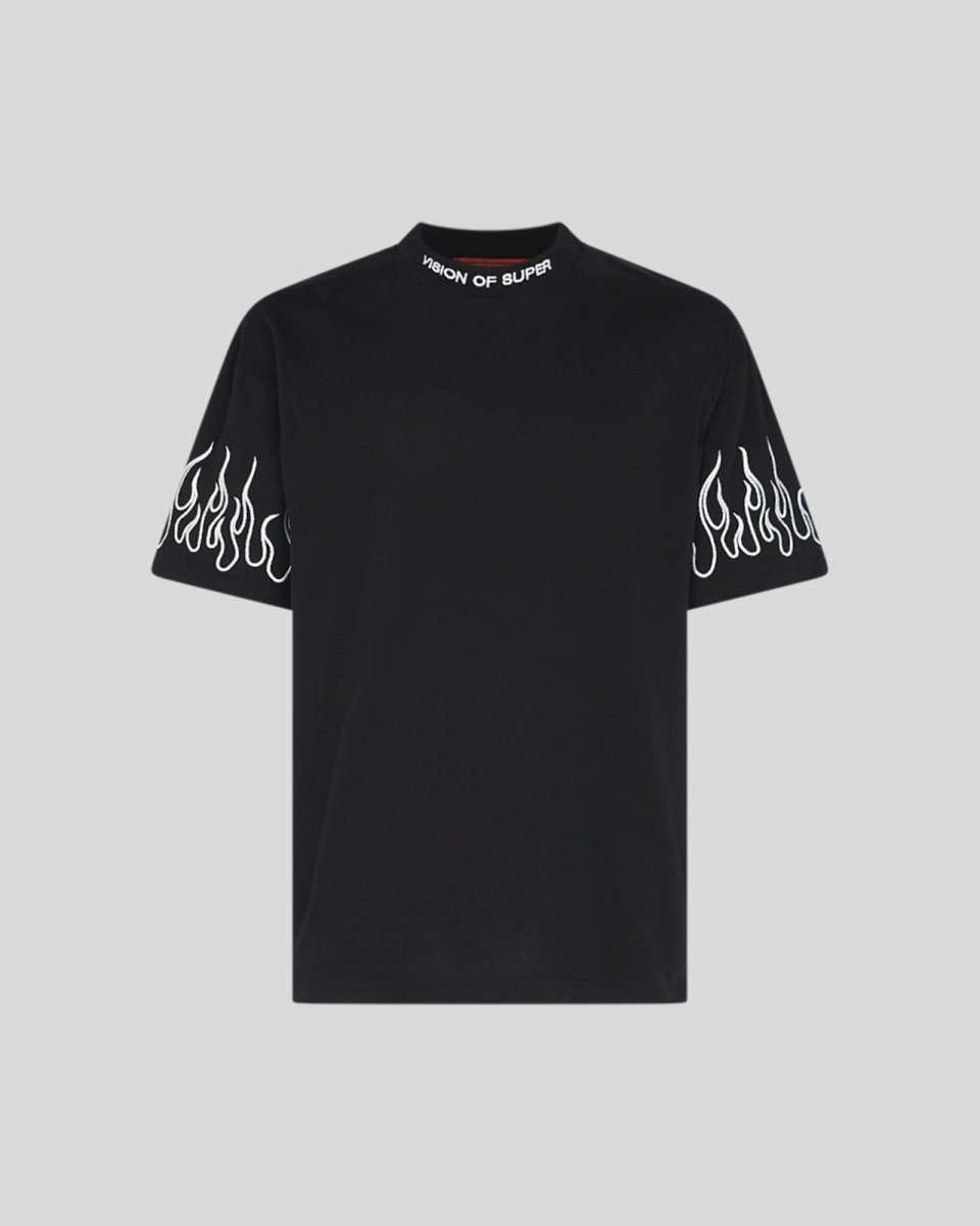 BLACK T-SHIRT WITH WHITE EMBROIDERED FLAMES
