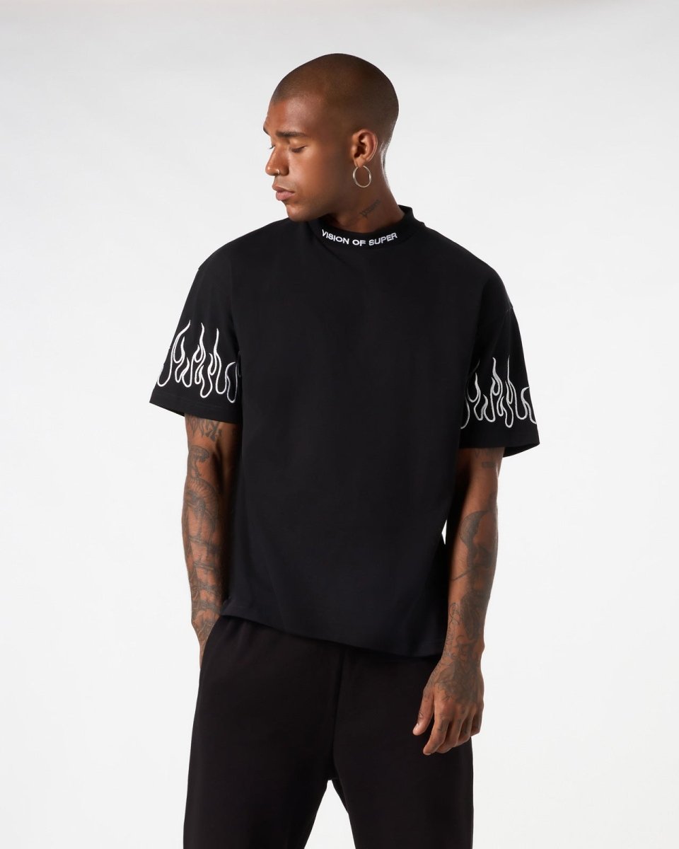 BLACK T-SHIRT WITH WHITE EMBROIDERED FLAMES