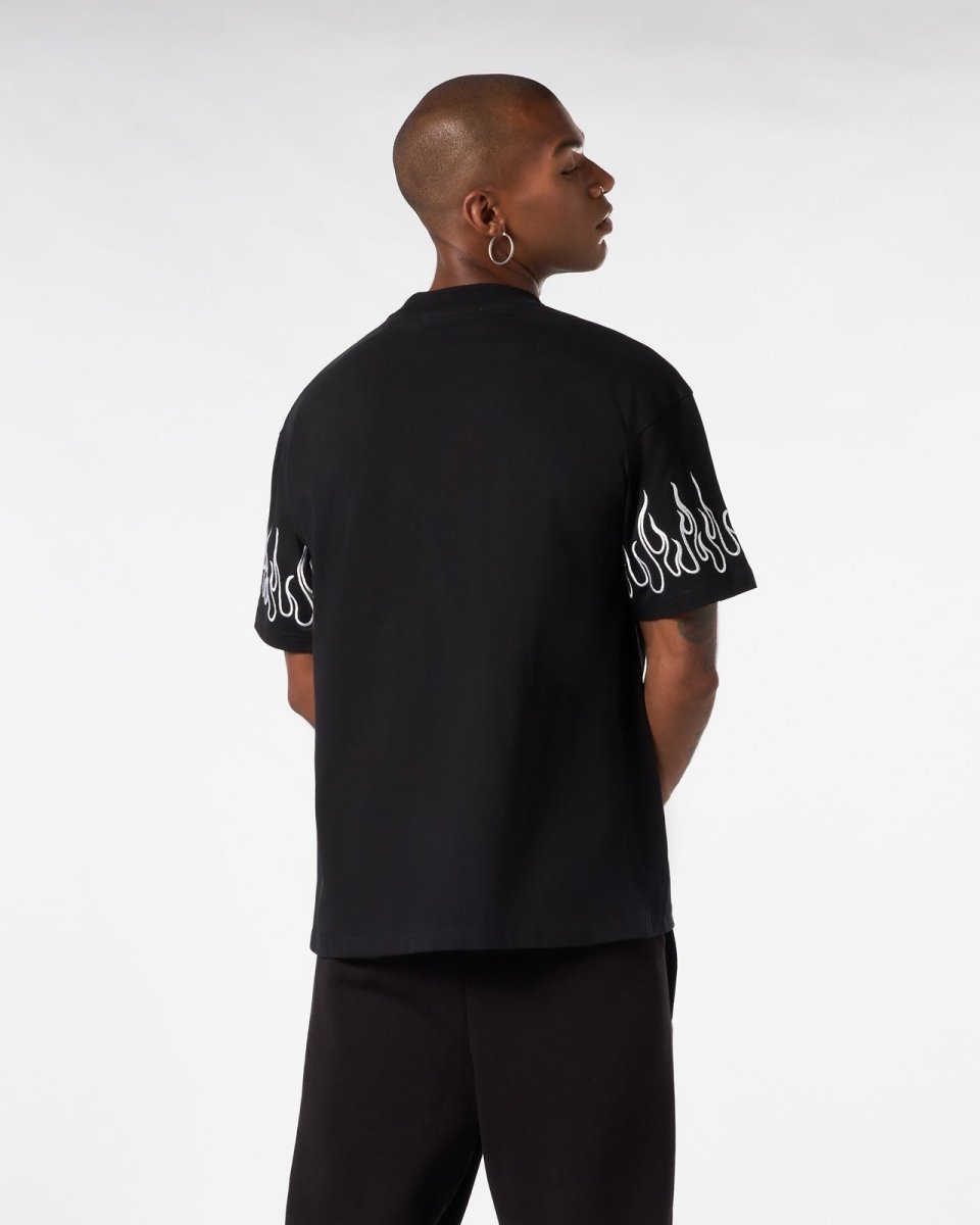 BLACK T-SHIRT WITH WHITE EMBROIDERED FLAMES - Vision of Super