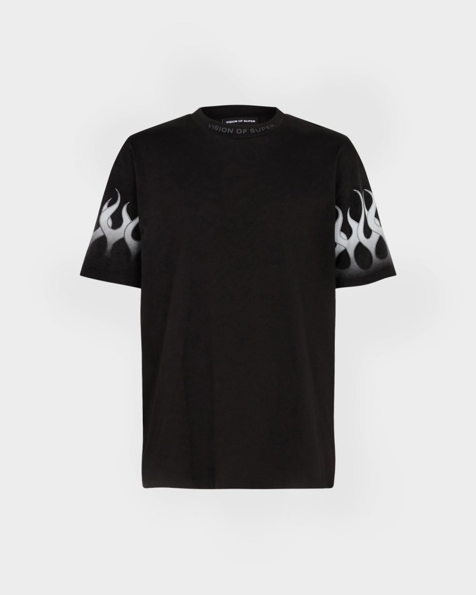 BLACK T-SHIRT WITH LIGHT GREY FLAMES