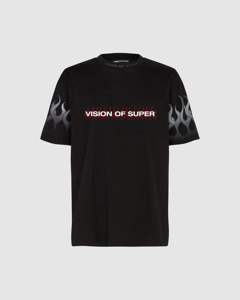 BLACK T-SHIRT WITH WHITE RACING FLAMES AND LOGO - Vision of Super